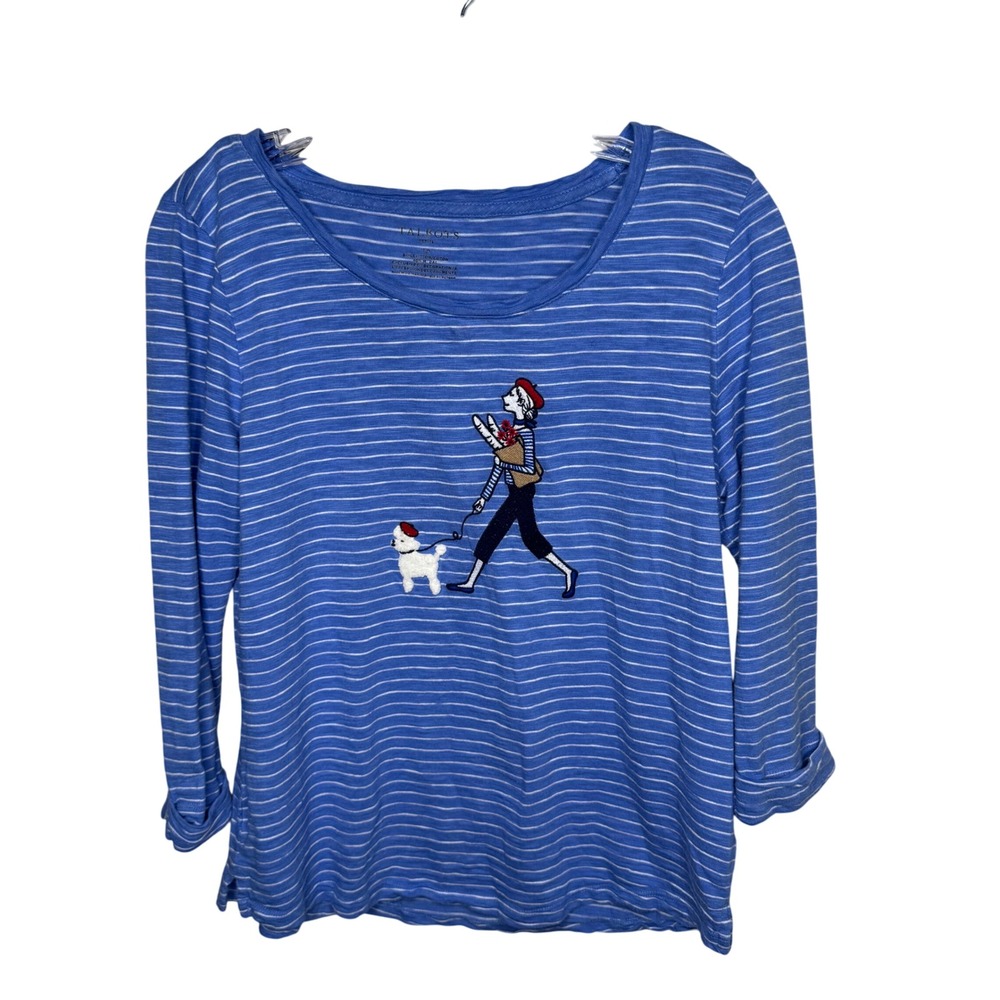 Talbots Petite Blue‎ White Stripe French Girl Dog Embroidered Long Sleeve Top LD